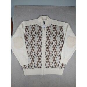 Michael Irvin 88 Cardigan Sweater Mens XL Cream Full Zip Elbow Patches Geometric